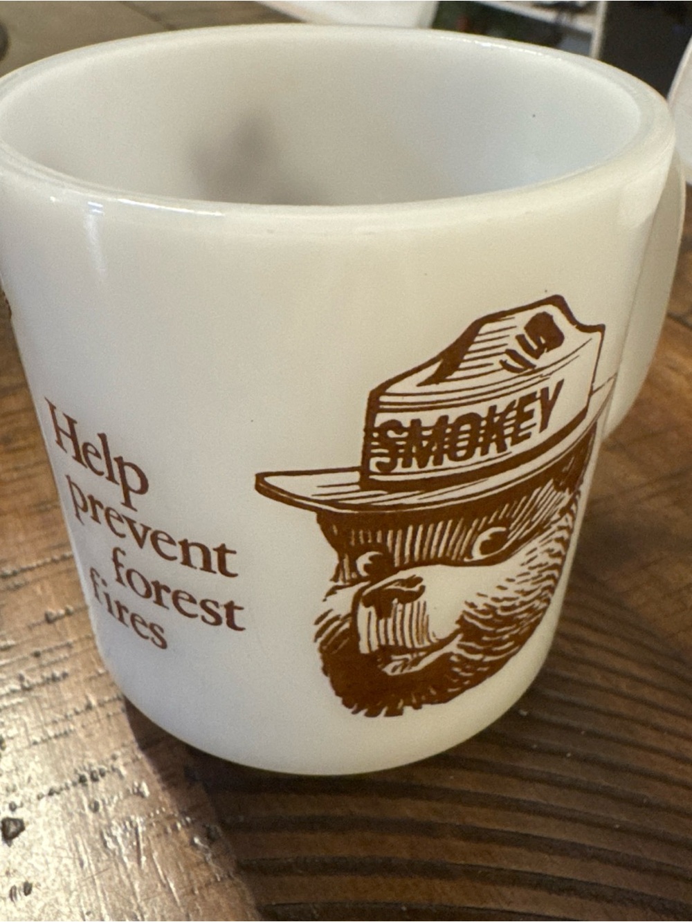 Vintage Smokey The Bear Milk Glass Coffee/Tea Mug Help Prevent Forest Fires Cup